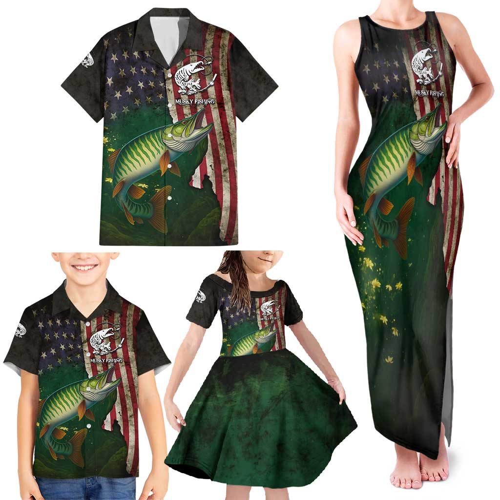 Musky Fishing Design Family Matching Tank Maxi Dress and Hawaiian Shirt with American Flag Background and Custom Name Print - Wonder Print Shop