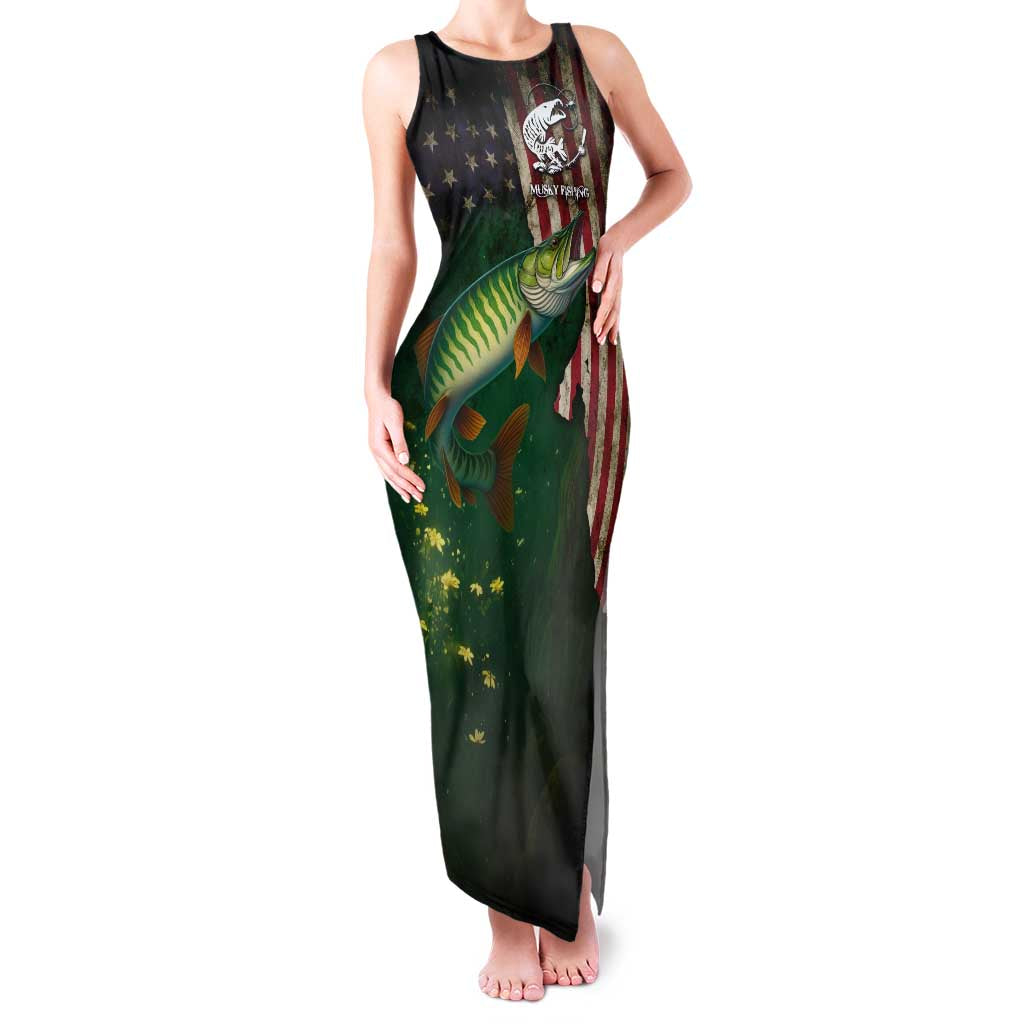 Musky Fishing Design Family Matching Tank Maxi Dress and Hawaiian Shirt with American Flag Background and Custom Name Print - Wonder Print Shop