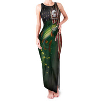 Musky Fishing Design Family Matching Tank Maxi Dress and Hawaiian Shirt with American Flag Background and Custom Name Print - Wonder Print Shop