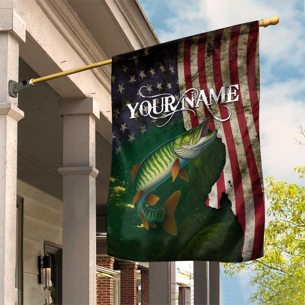 Musky Fishing Design Garden Flag with American Flag Background and Custom Name Print - Wonder Print Shop