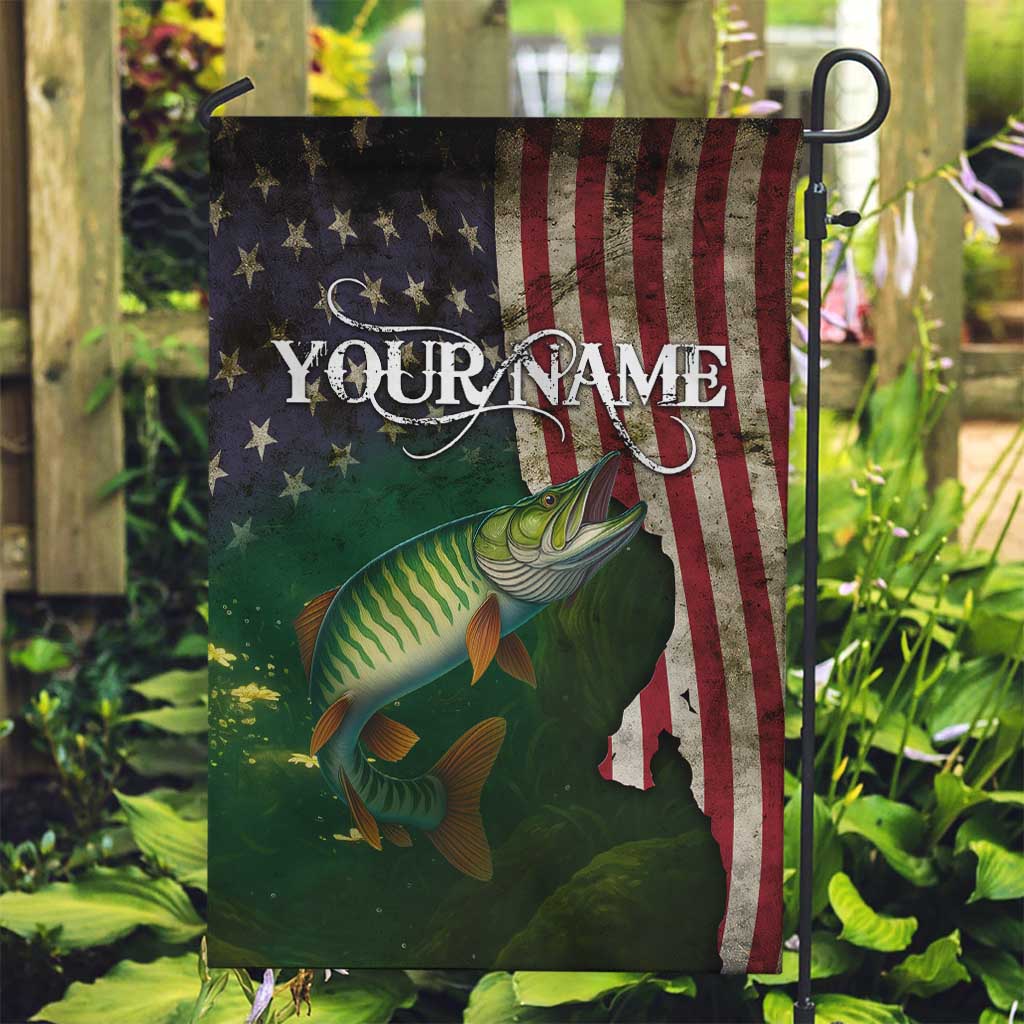 Musky Fishing Design Garden Flag with American Flag Background and Custom Name Print - Wonder Print Shop