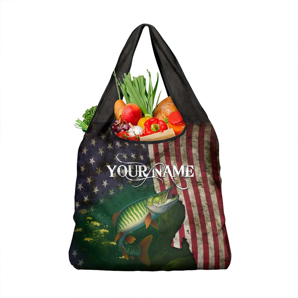 Musky Fishing Design Grocery Bag with American Flag Background and Custom Name Print - Wonder Print Shop