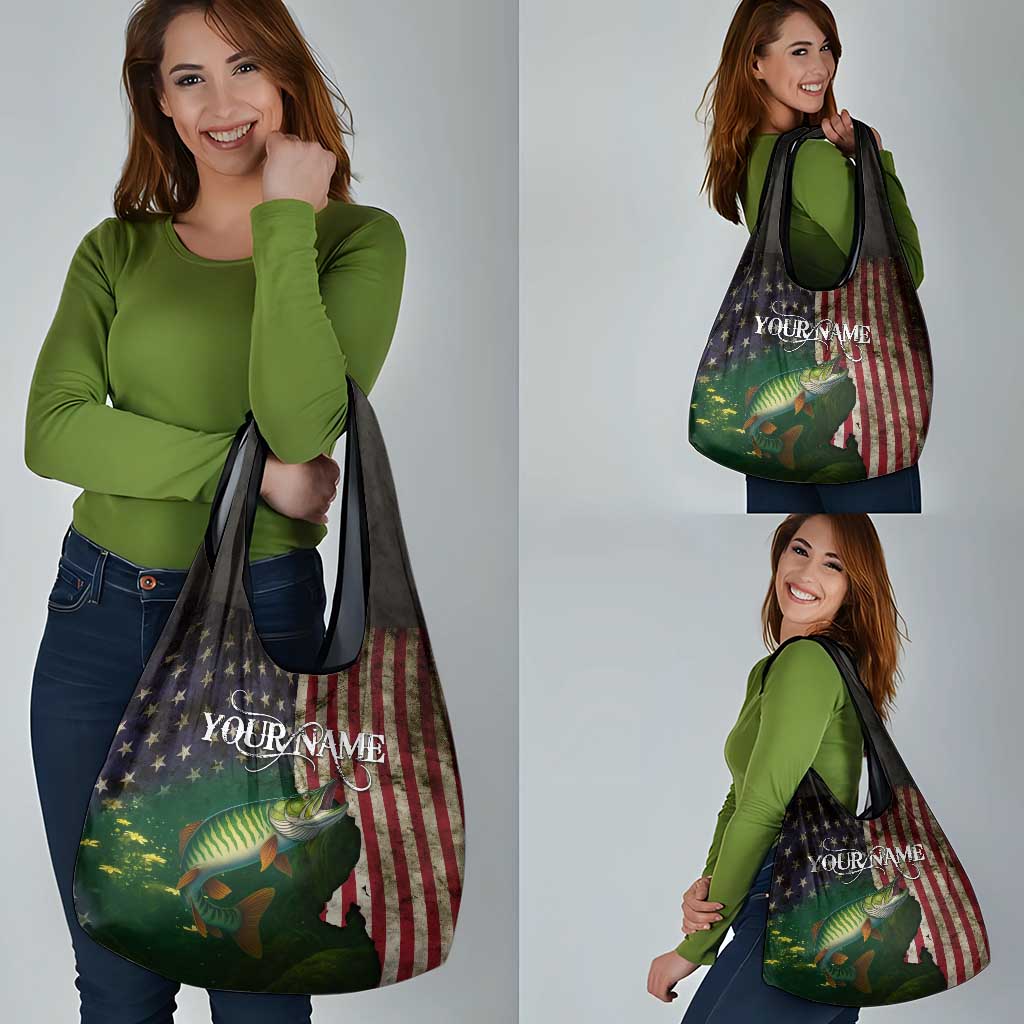 Musky Fishing Design Grocery Bag with American Flag Background and Custom Name Print - Wonder Print Shop
