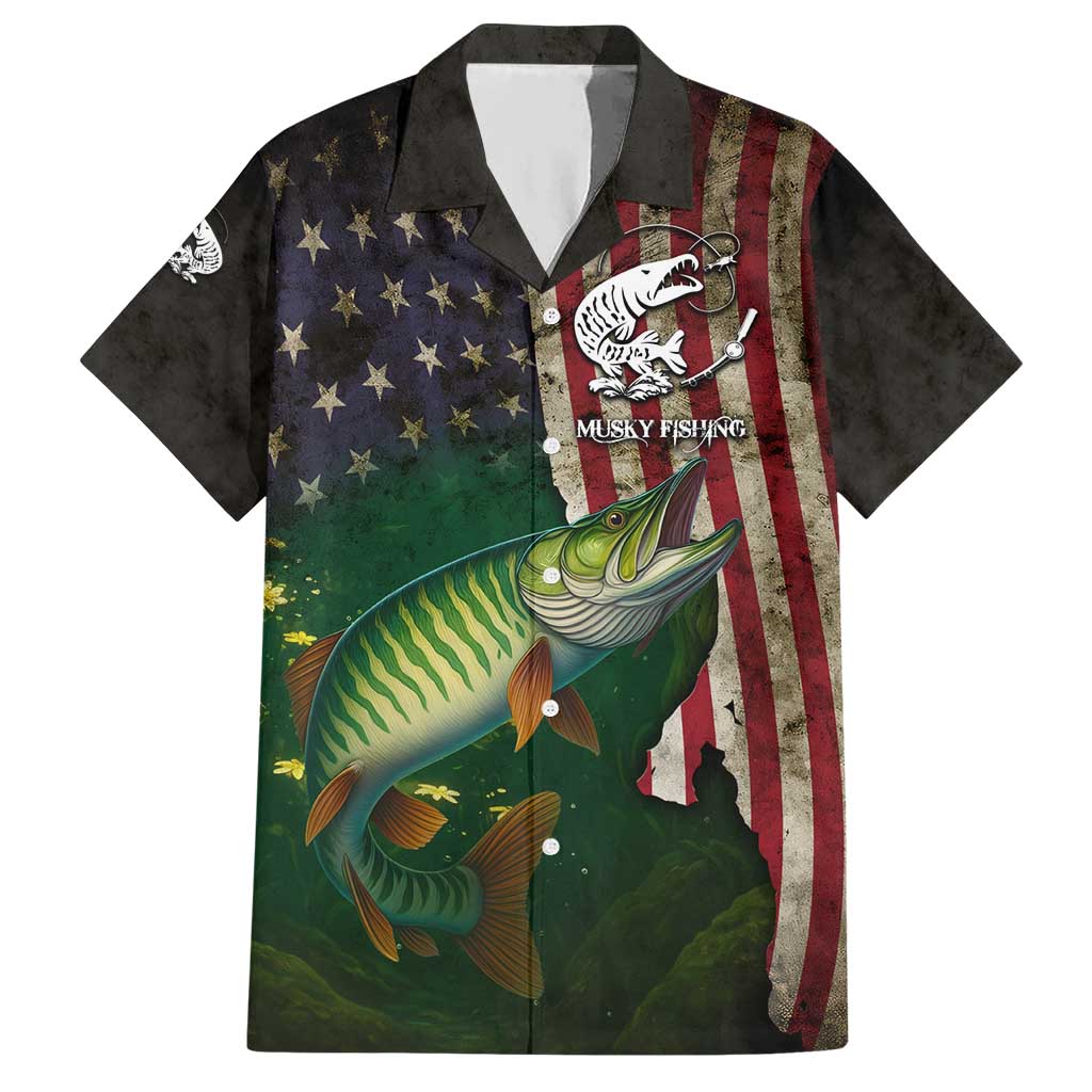 Musky Fishing Design Hawaiian Shirt with American Flag Background and Custom Name Print - Wonder Print Shop