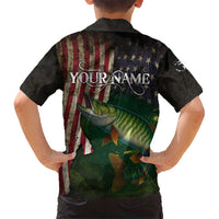 Musky Fishing Design Hawaiian Shirt with American Flag Background and Custom Name Print - Wonder Print Shop