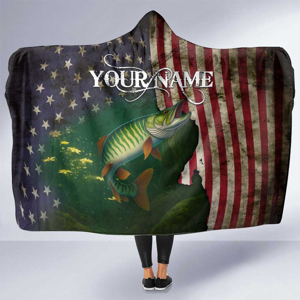Musky Fishing Design Hooded Blanket with American Flag Background and Custom Name Print - Wonder Print Shop