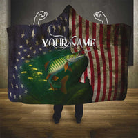 Musky Fishing Design Hooded Blanket with American Flag Background and Custom Name Print - Wonder Print Shop