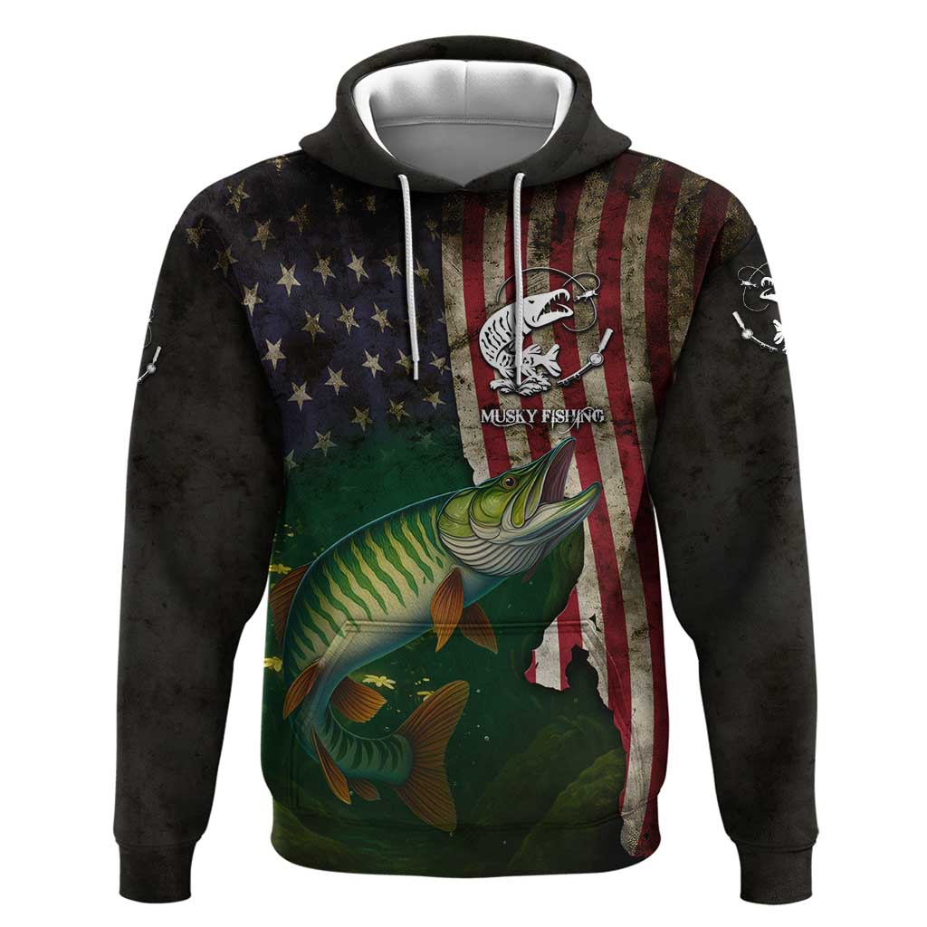 Musky Fishing Design Hoodie with American Flag Background and Custom Name Print - Wonder Print Shop