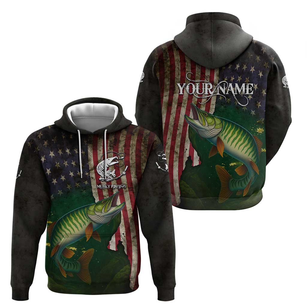 Musky Fishing Design Hoodie with American Flag Background and Custom Name Print - Wonder Print Shop