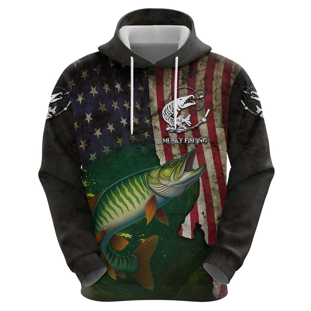 Musky Fishing Design Hoodie with American Flag Background and Custom Name Print - Wonder Print Shop