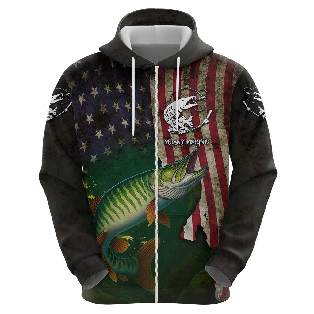 Musky Fishing Design Hoodie with American Flag Background and Custom Name Print - Wonder Print Shop