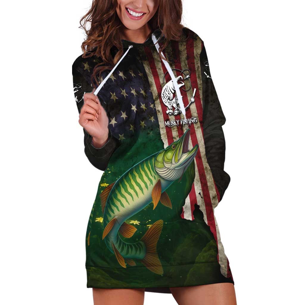 Musky Fishing Design Hoodie Dress with American Flag Background and Custom Name Print - Wonder Print Shop