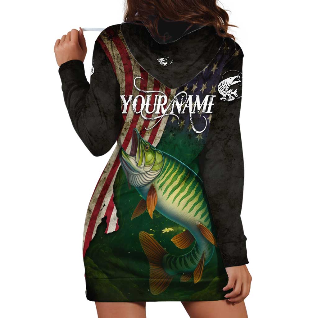 Musky Fishing Design Hoodie Dress with American Flag Background and Custom Name Print - Wonder Print Shop