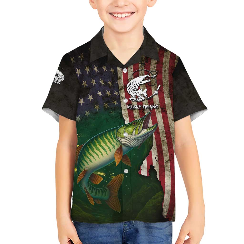 Musky Fishing Design Kid Hawaiian Shirt with American Flag Background and Custom Name Print - Wonder Print Shop
