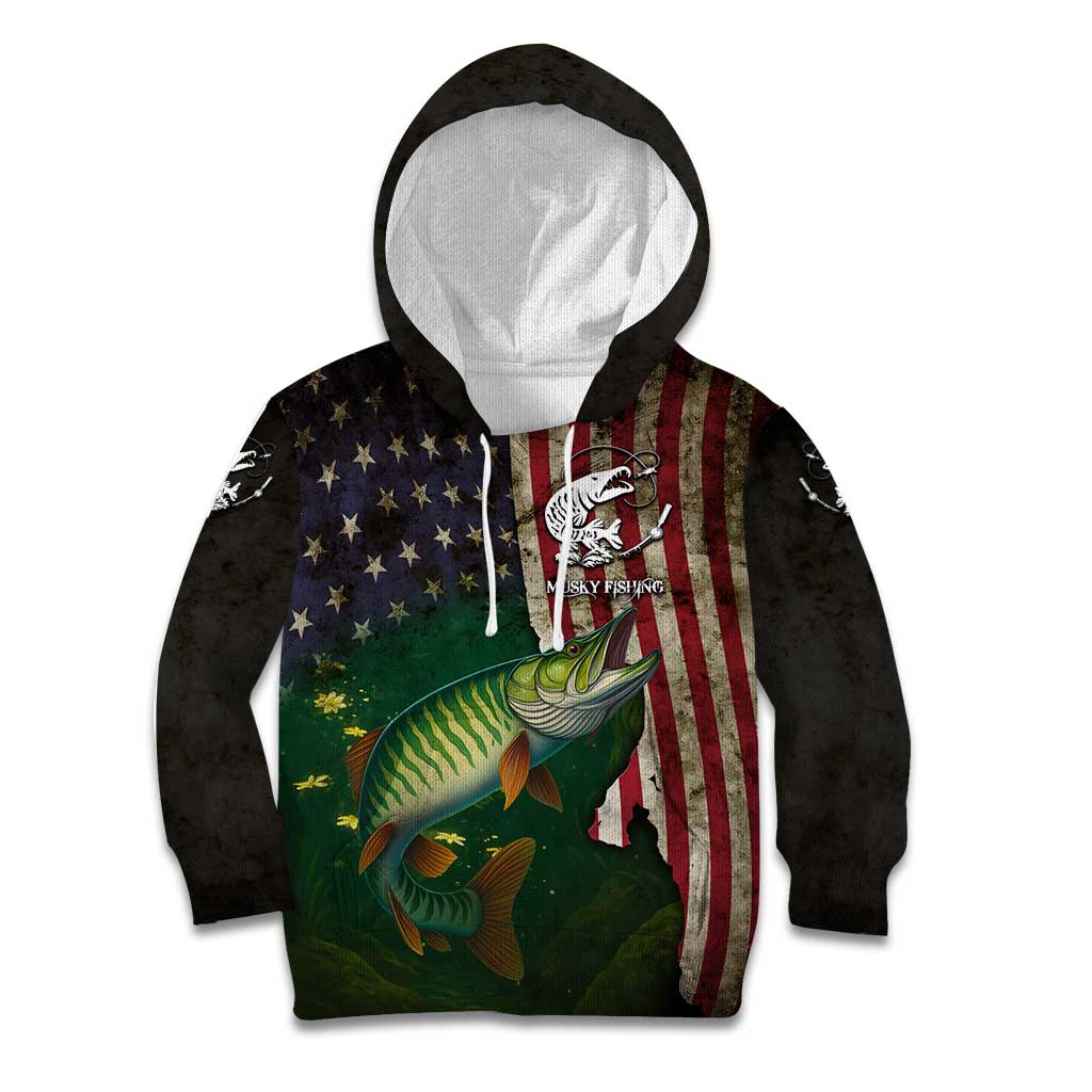 Musky Fishing Design Kid Hoodie with American Flag Background and Custom Name Print - Wonder Print Shop