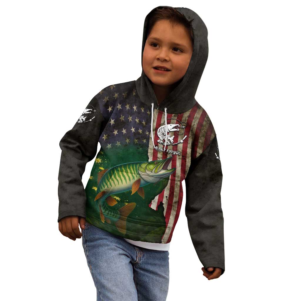 Musky Fishing Design Kid Hoodie with American Flag Background and Custom Name Print - Wonder Print Shop