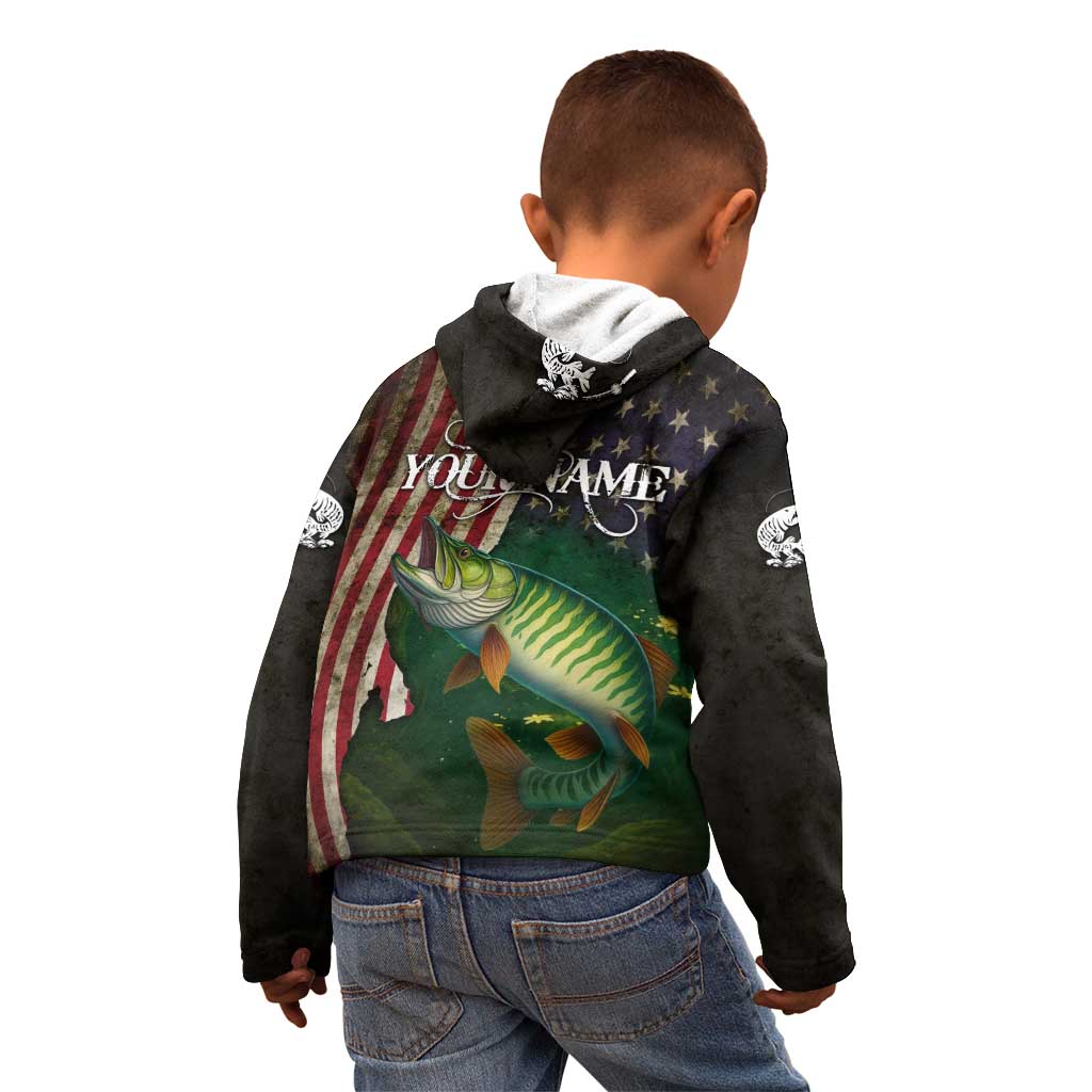 Musky Fishing Design Kid Hoodie with American Flag Background and Custom Name Print - Wonder Print Shop