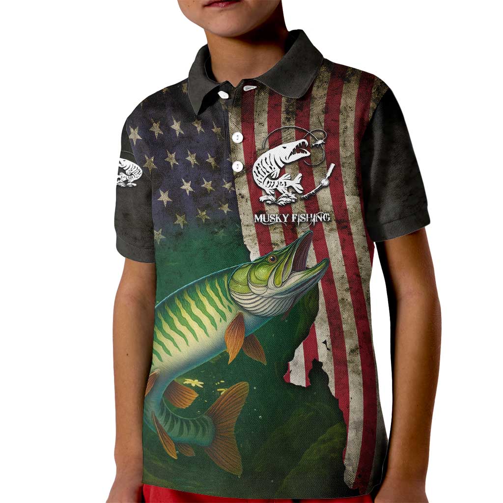 Musky Fishing Design Kid Polo Shirt with American Flag Background and Custom Name Print - Wonder Print Shop
