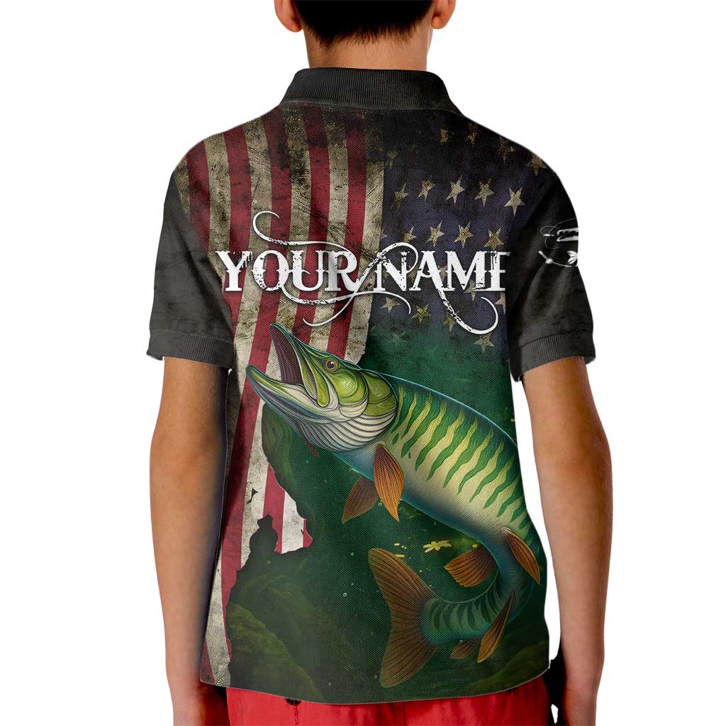 Musky Fishing Design Kid Polo Shirt with American Flag Background and Custom Name Print - Wonder Print Shop