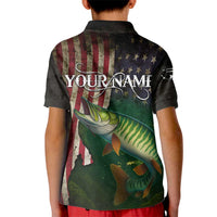 Musky Fishing Design Kid Polo Shirt with American Flag Background and Custom Name Print - Wonder Print Shop