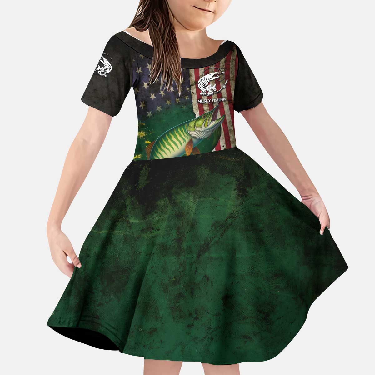 Musky Fishing Design Kid Short Sleeve Dress with American Flag Background and Custom Name Print - Wonder Print Shop