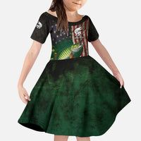 Musky Fishing Design Kid Short Sleeve Dress with American Flag Background and Custom Name Print - Wonder Print Shop