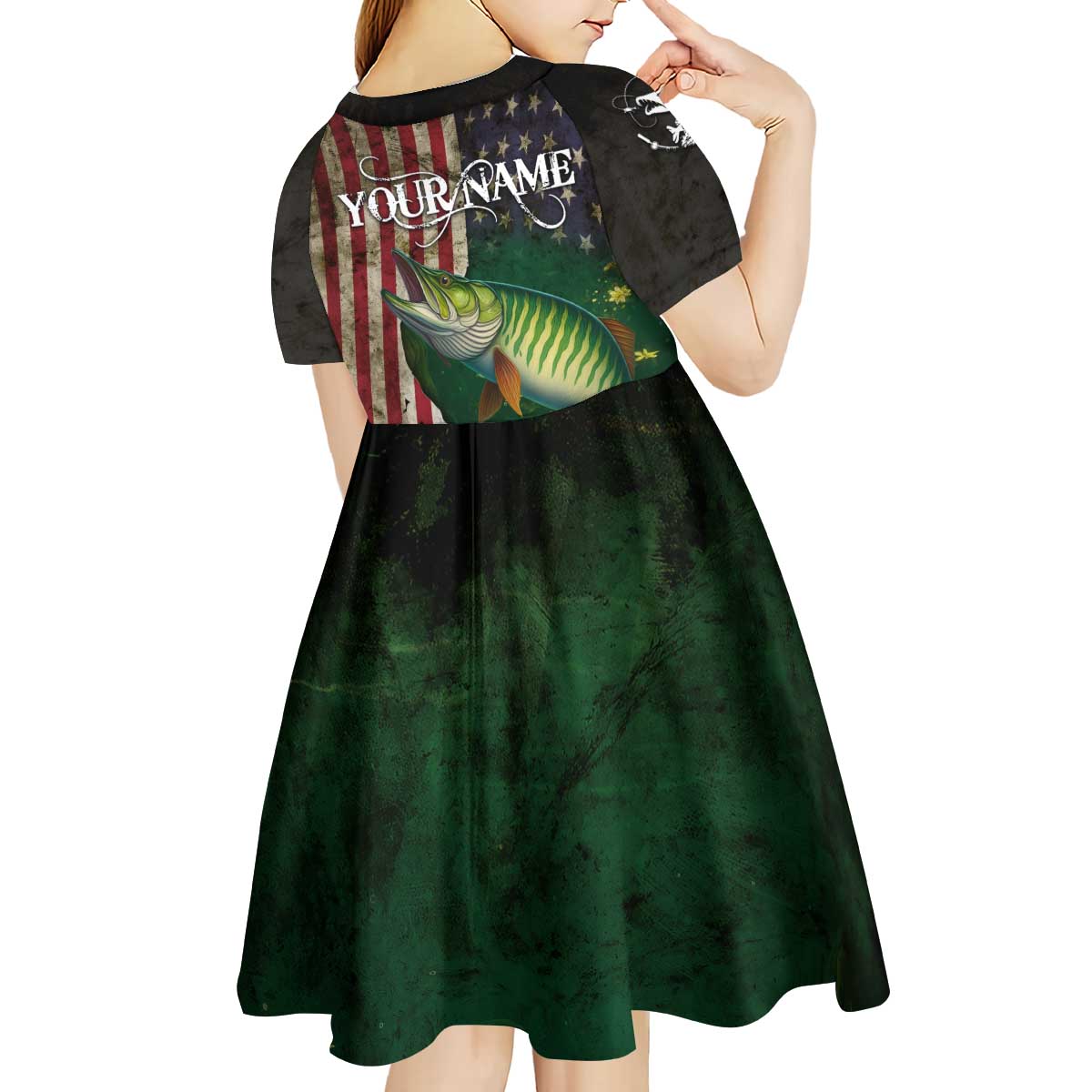 Musky Fishing Design Kid Short Sleeve Dress with American Flag Background and Custom Name Print - Wonder Print Shop