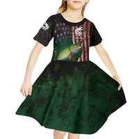 Musky Fishing Design Kid Short Sleeve Dress with American Flag Background and Custom Name Print - Wonder Print Shop