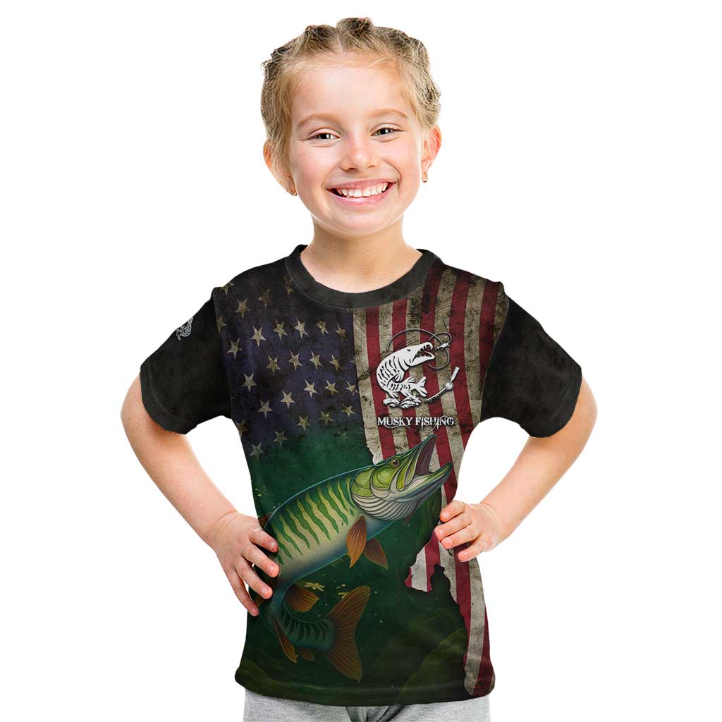 Musky Fishing Design Kid T Shirt with American Flag Background and Custom Name Print - Wonder Print Shop