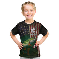 Musky Fishing Design Kid T Shirt with American Flag Background and Custom Name Print - Wonder Print Shop