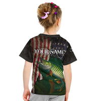 Musky Fishing Design Kid T Shirt with American Flag Background and Custom Name Print - Wonder Print Shop