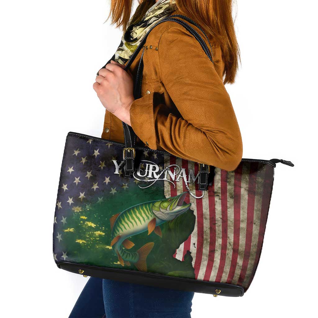 Musky Fishing Design Leather Tote Bag with American Flag Background and Custom Name Print - Wonder Print Shop