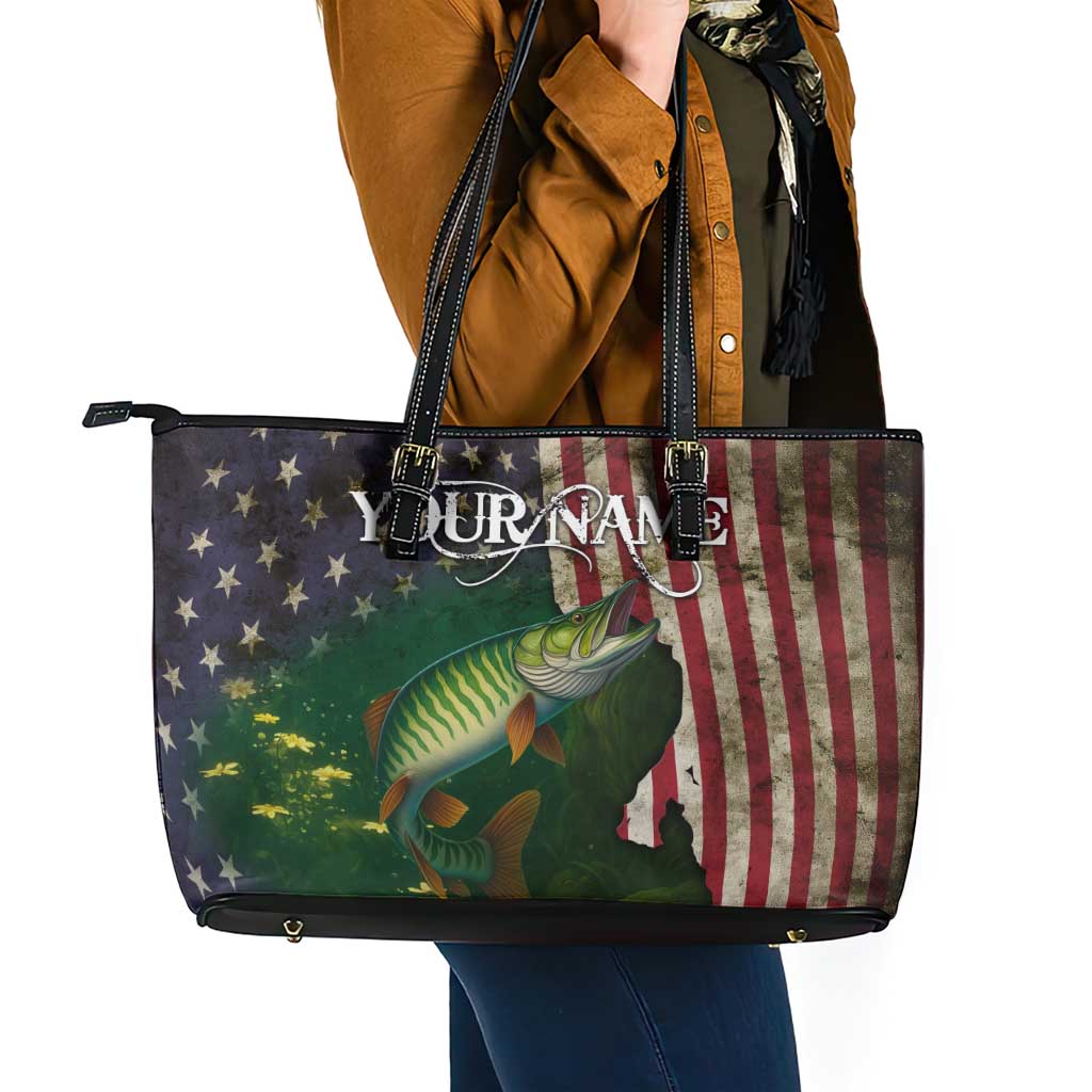 Musky Fishing Design Leather Tote Bag with American Flag Background and Custom Name Print - Wonder Print Shop