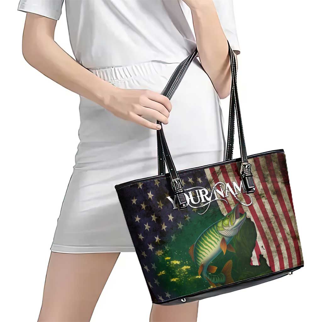 Musky Fishing Design Leather Tote Bag with American Flag Background and Custom Name Print - Wonder Print Shop