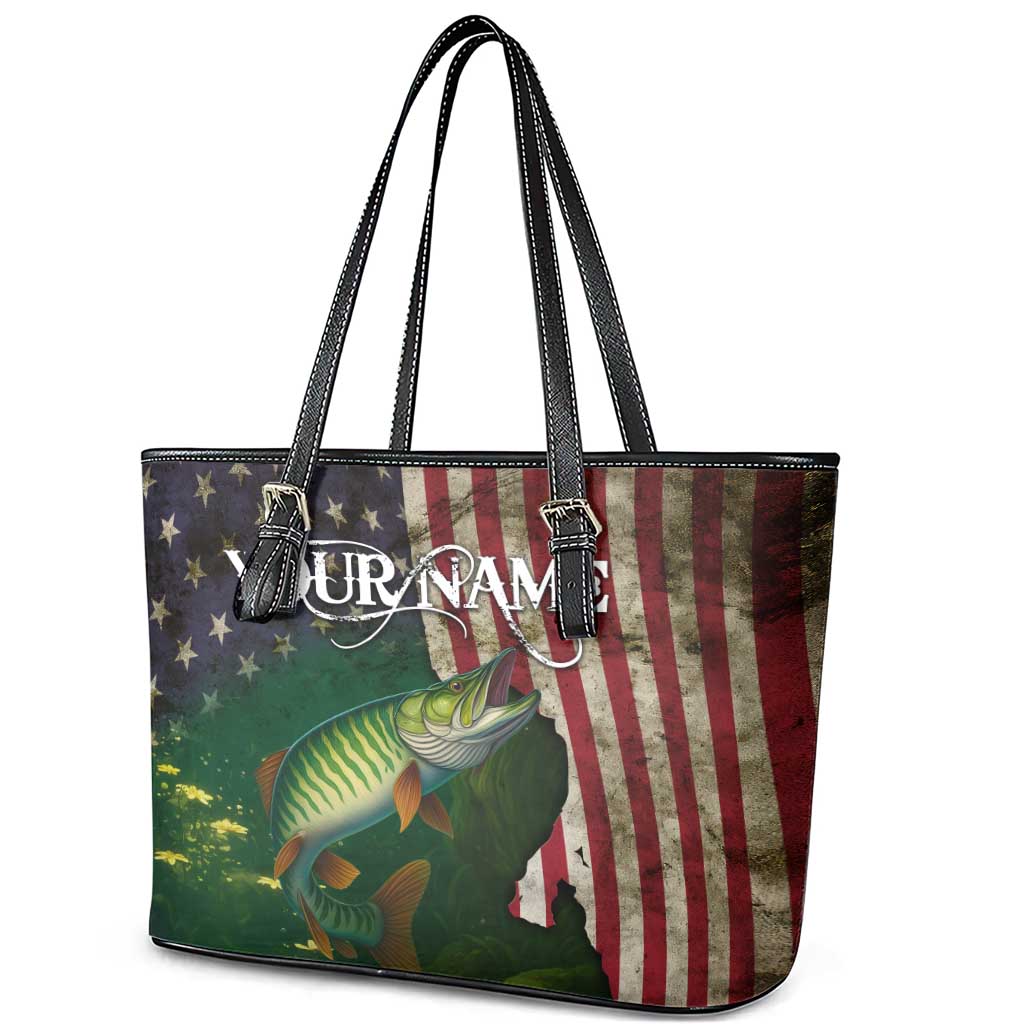 Musky Fishing Design Leather Tote Bag with American Flag Background and Custom Name Print - Wonder Print Shop