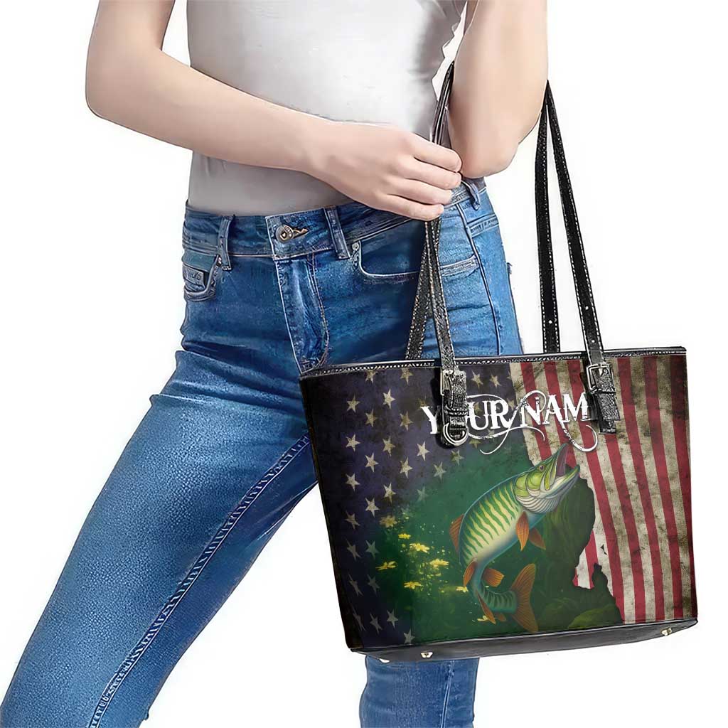 Musky Fishing Design Leather Tote Bag with American Flag Background and Custom Name Print - Wonder Print Shop