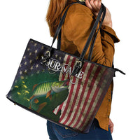 Musky Fishing Design Leather Tote Bag with American Flag Background and Custom Name Print - Wonder Print Shop