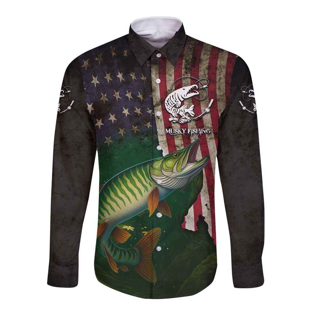 Musky Fishing Design Long Sleeve Button Shirt with American Flag Background and Custom Name Print - Wonder Print Shop