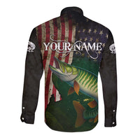 Musky Fishing Design Long Sleeve Button Shirt with American Flag Background and Custom Name Print - Wonder Print Shop