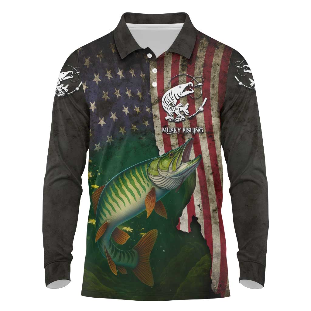Musky Fishing Design Long Sleeve Polo Shirt with American Flag Background and Custom Name Print - Wonder Print Shop
