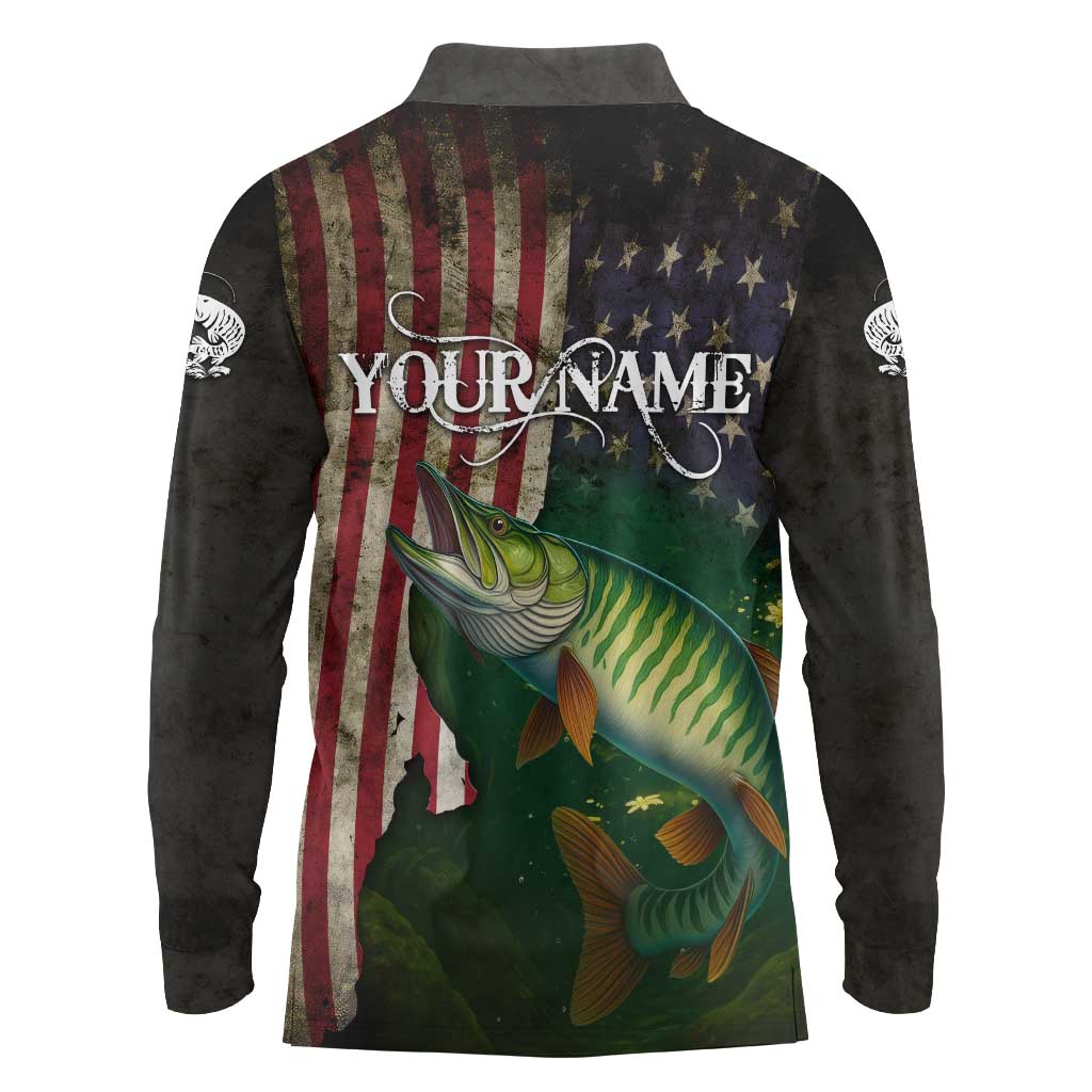 Musky Fishing Design Long Sleeve Polo Shirt with American Flag Background and Custom Name Print - Wonder Print Shop