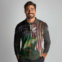 Musky Fishing Design Long Sleeve Polo Shirt with American Flag Background and Custom Name Print - Wonder Print Shop