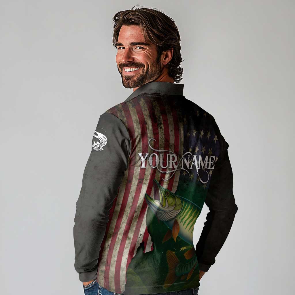 Musky Fishing Design Long Sleeve Polo Shirt with American Flag Background and Custom Name Print - Wonder Print Shop