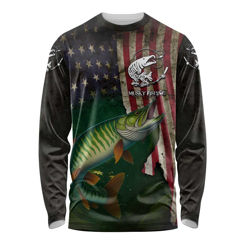 Musky Fishing Design Long Sleeve Shirt with American Flag Background and Custom Name Print - Wonder Print Shop