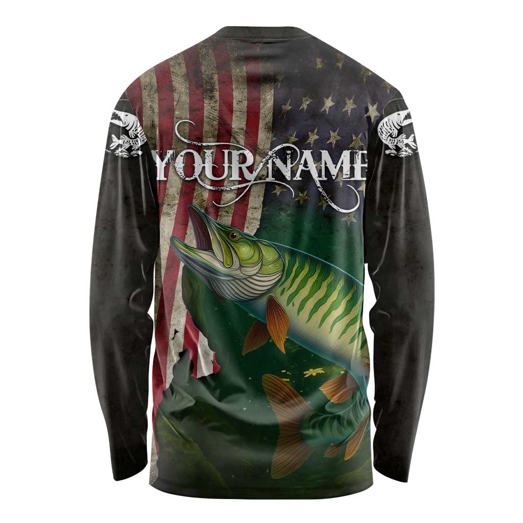 Musky Fishing Design Long Sleeve Shirt with American Flag Background and Custom Name Print - Wonder Print Shop