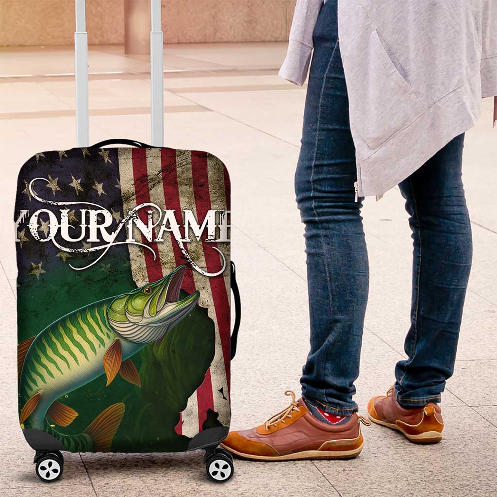Musky Fishing Design Luggage Cover with American Flag Background and Custom Name Print - Wonder Print Shop