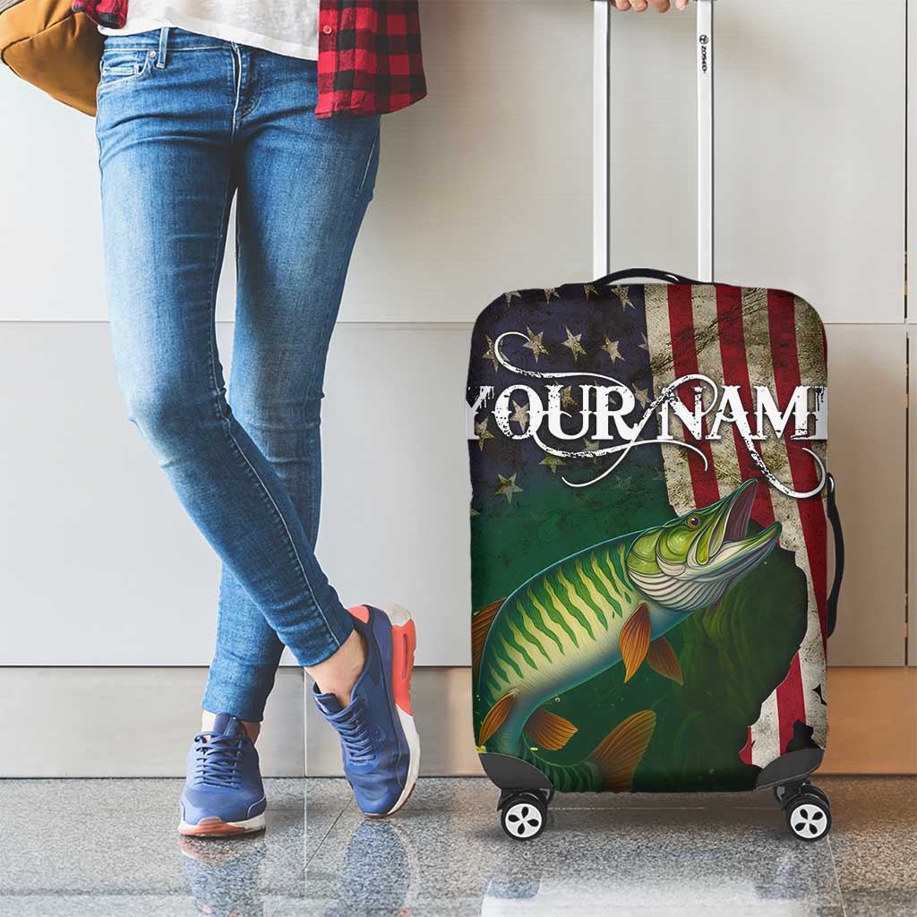 Musky Fishing Design Luggage Cover with American Flag Background and Custom Name Print - Wonder Print Shop