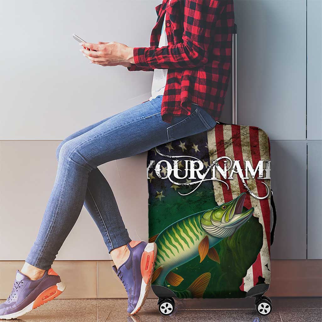 Musky Fishing Design Luggage Cover with American Flag Background and Custom Name Print - Wonder Print Shop