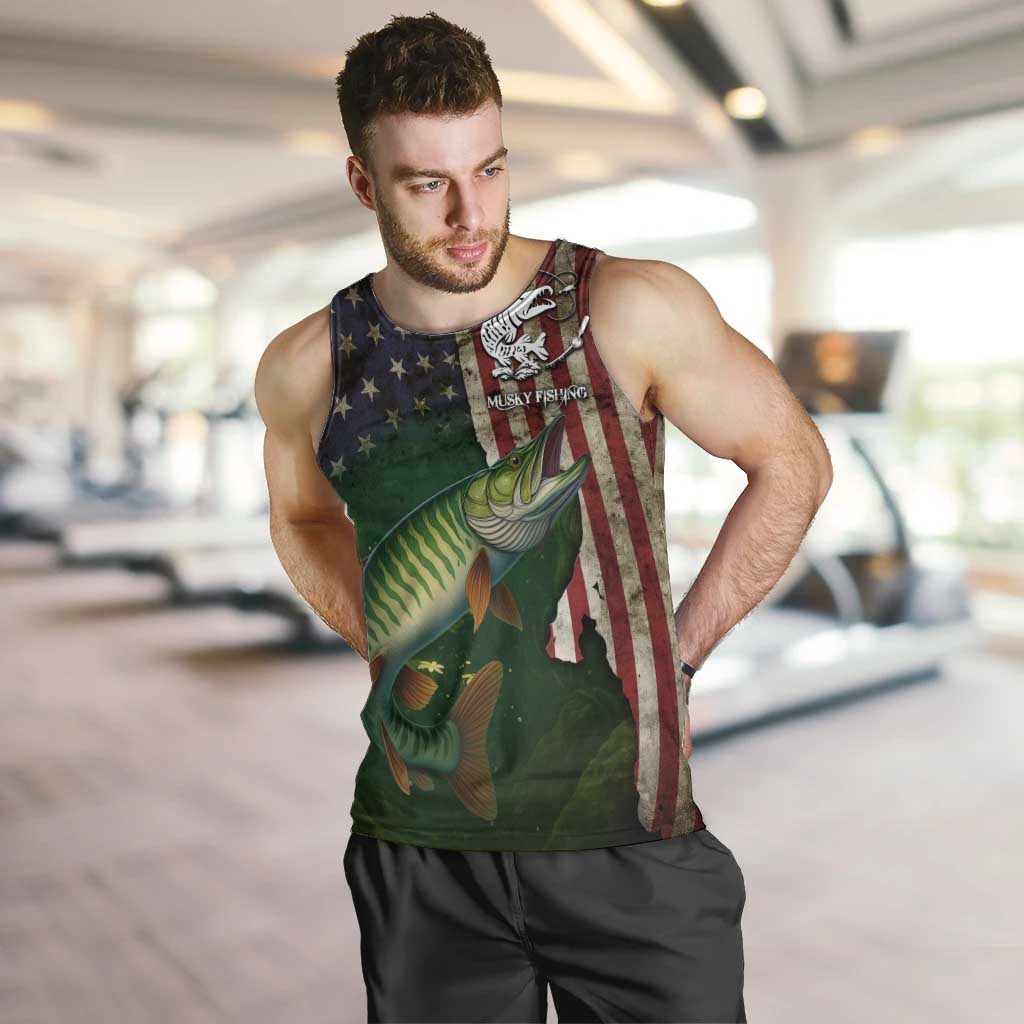 Musky Fishing Design Men Tank Top with American Flag Background and Custom Name Print - Wonder Print Shop