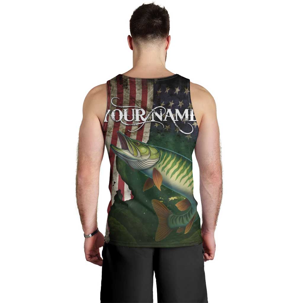 Musky Fishing Design Men Tank Top with American Flag Background and Custom Name Print - Wonder Print Shop